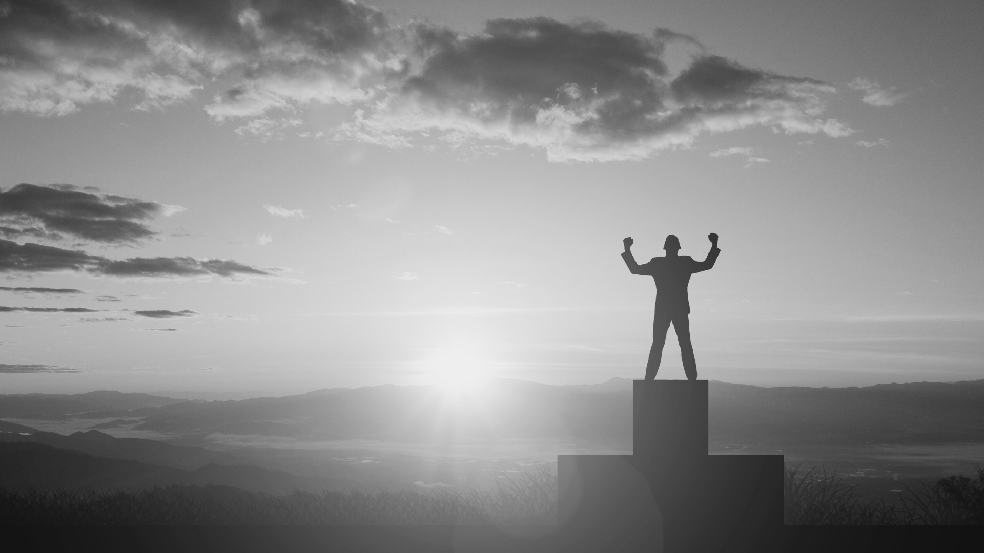 Sylwetka zwycięzcy na podium o wschodzie słońca – trening mentalny, siła wewnętrzna, mistrzowskie nawyki